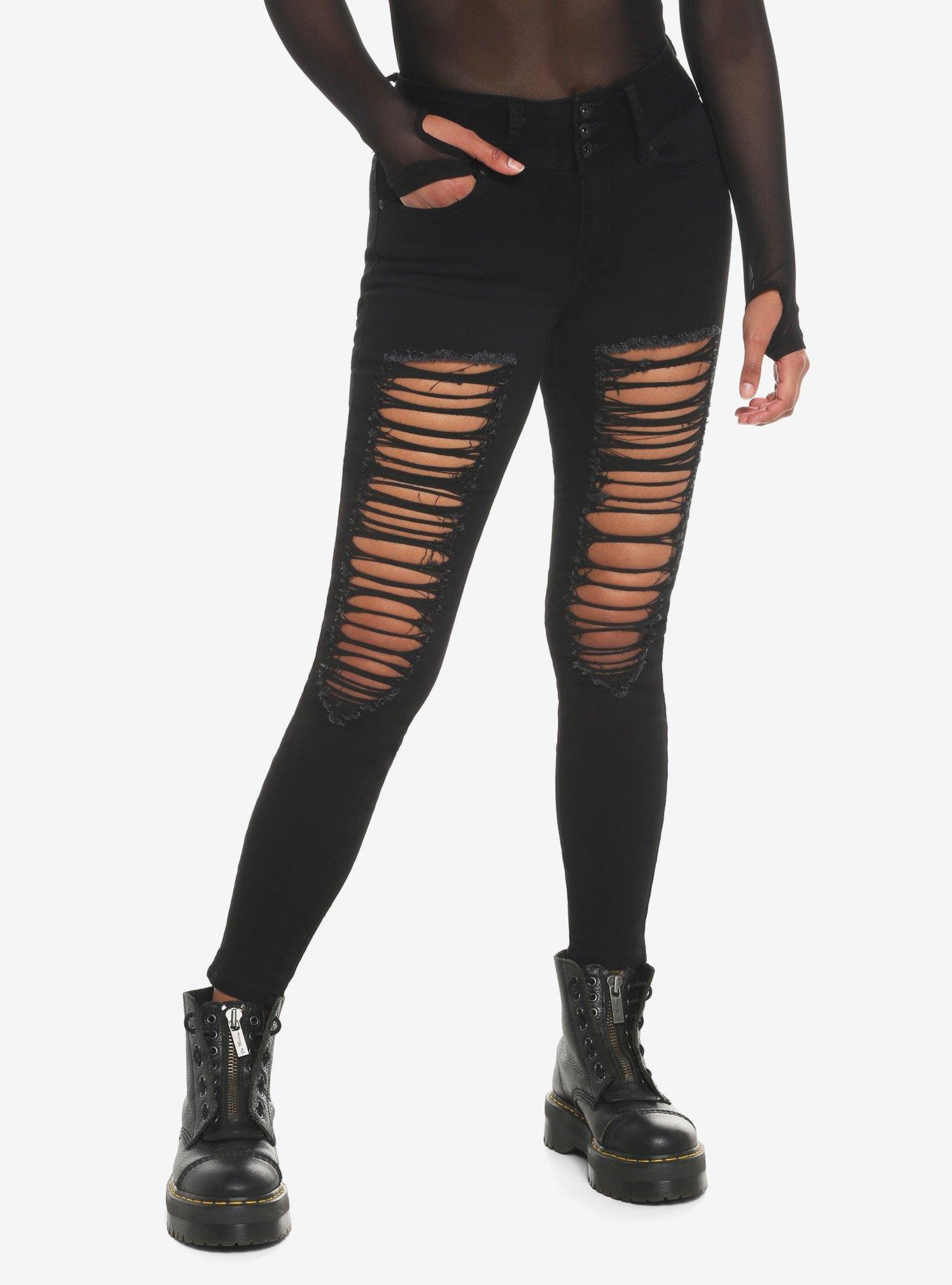 Black Super Destructed Super Skinny Jeans, BLACK, hi-res