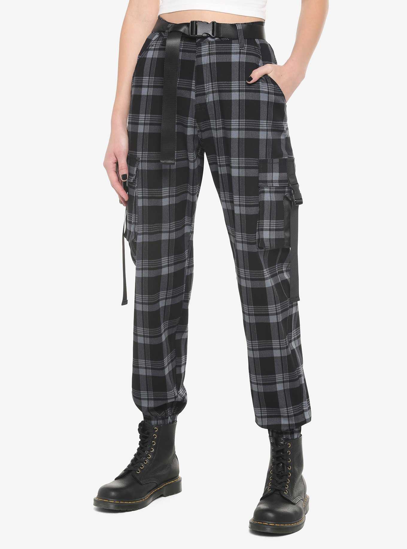 Grey Plaid Jogger Pants With Buckles, , hi-res