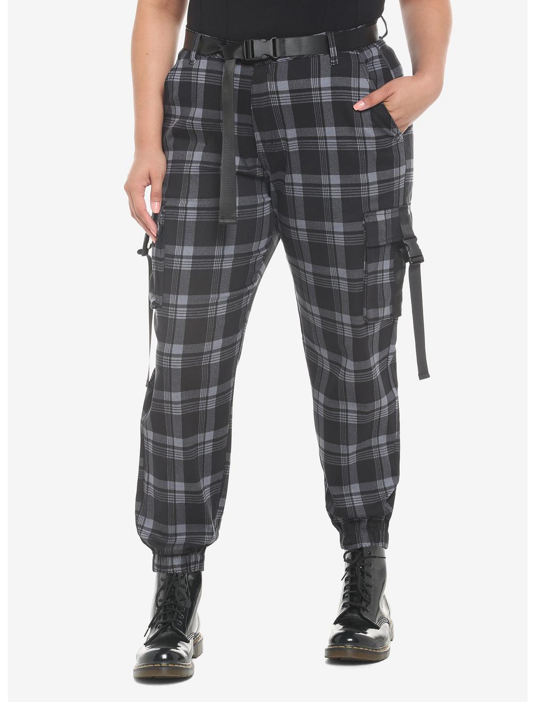 Grey Plaid Jogger Pants With Buckles Plus Size, GREY, hi-res