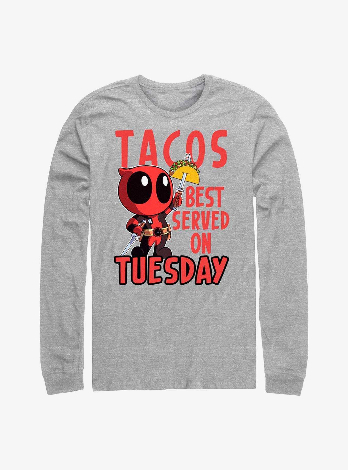 Marvel Deadpool Tacos Best Served On Tuesday Long Sleeve T-Shirt, , hi-res