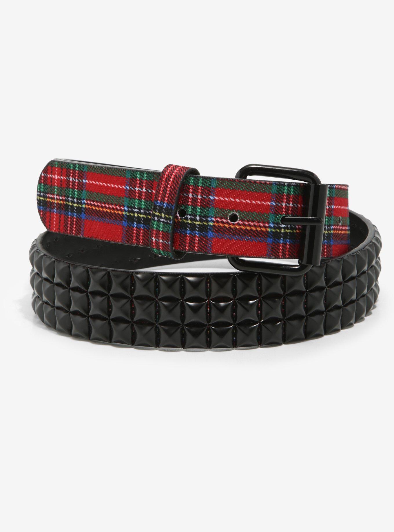 Red Plaid & Black Pyramid Stud Belt, BLACK, hi-res