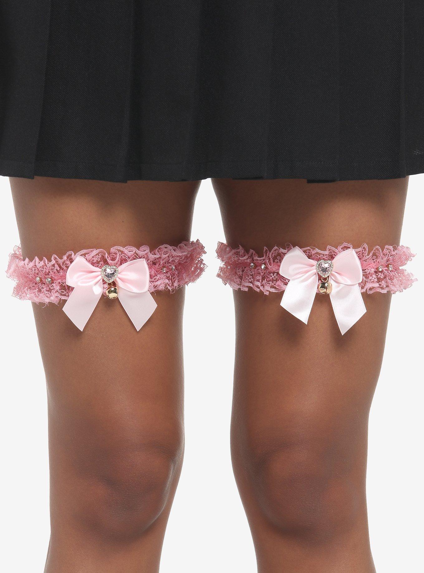 Pink Lace Bow Bell Garter Set, , hi-res