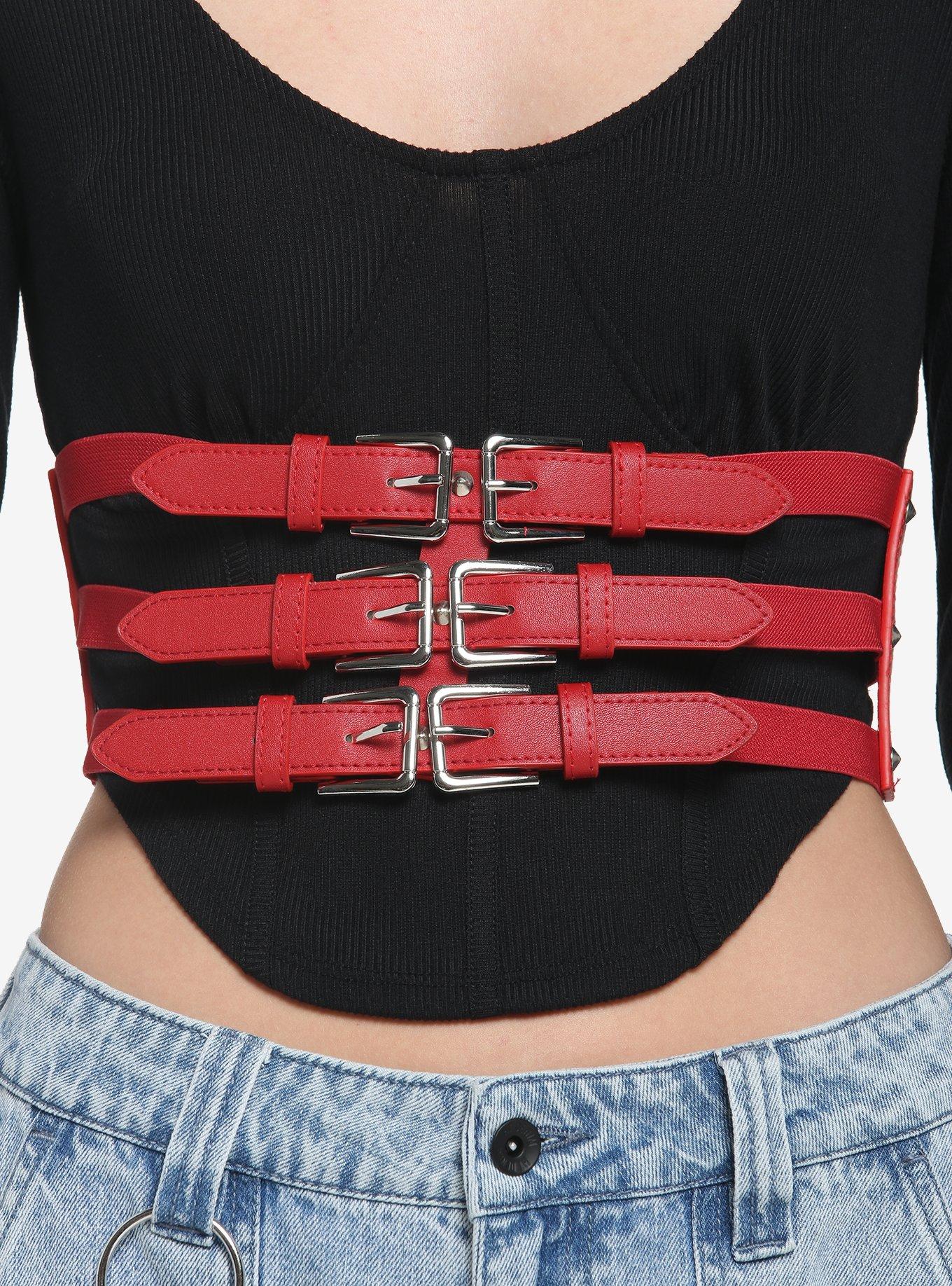 Red Triple Buckle Corset Belt, RED, hi-res