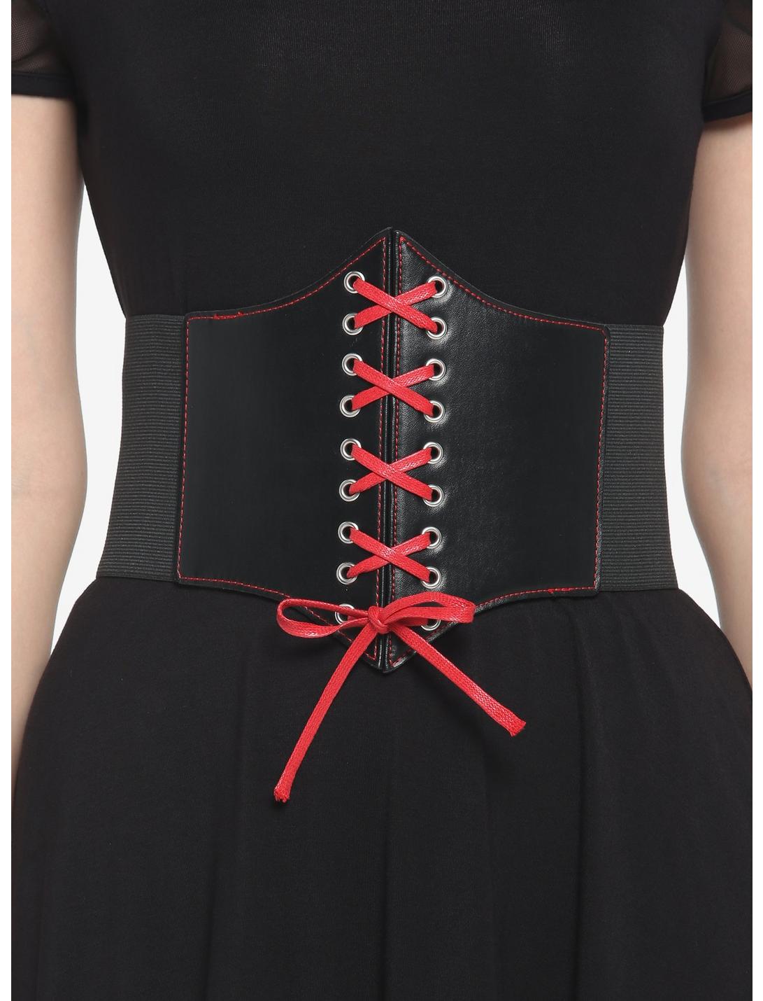 Black & Red Lace-Up Corset Belt, RED, hi-res