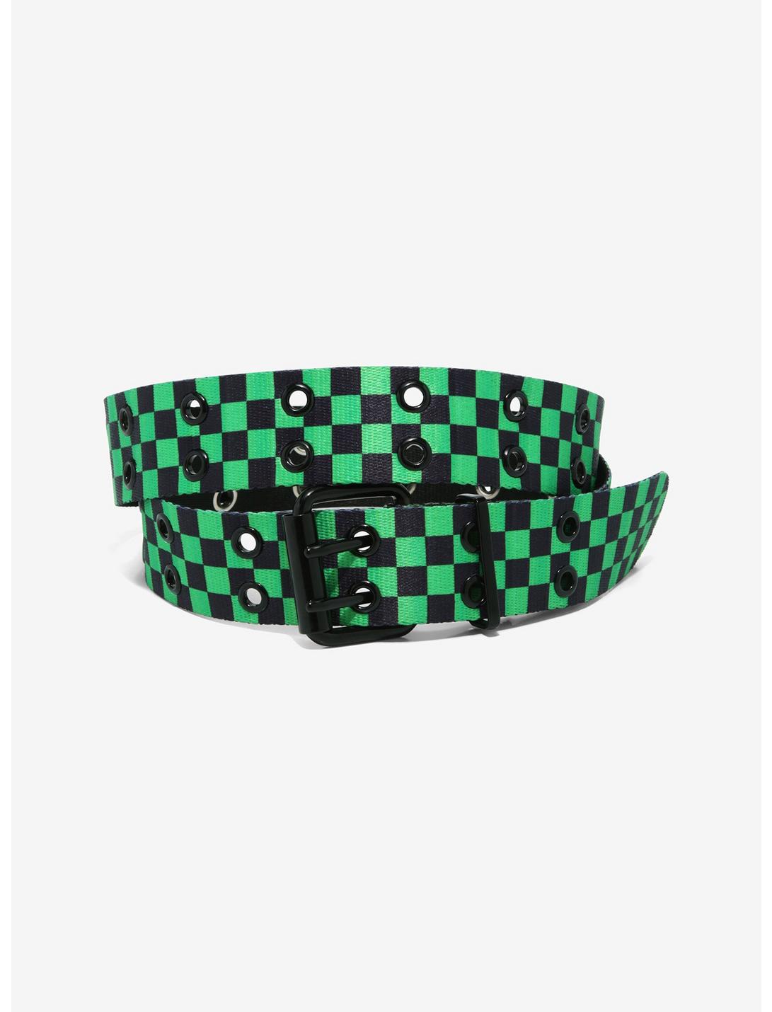 Black & Green Checker Grommet Belt, BLACK, hi-res