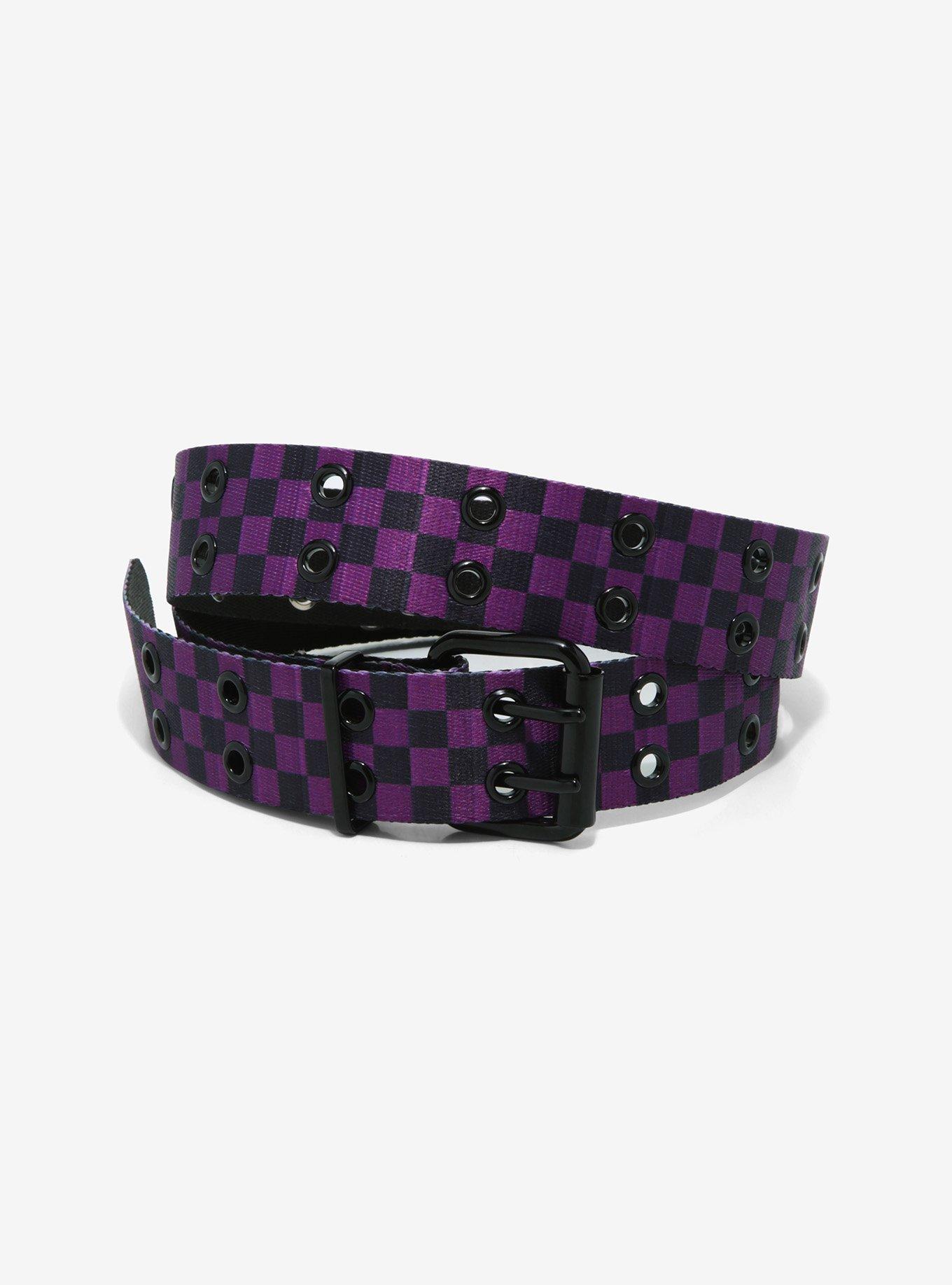 Black & Purple Checkered Grommet Belt, BLACK, hi-res