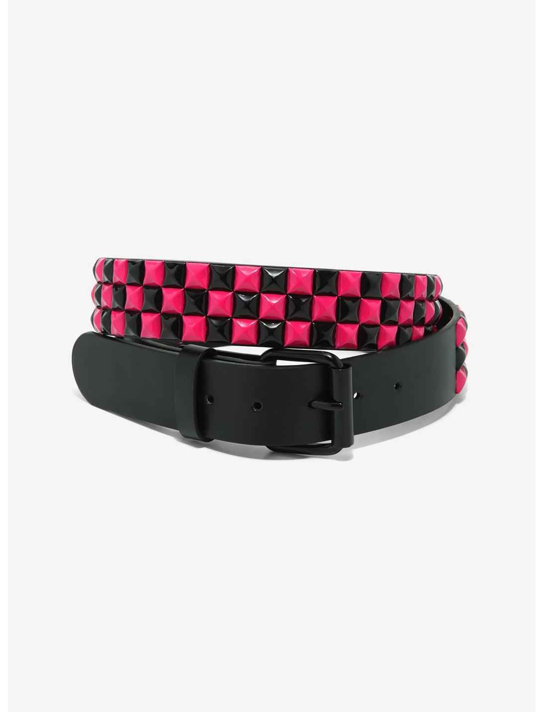 Pink & Black Three Row Pyramid Stud Belt, BLACK, hi-res