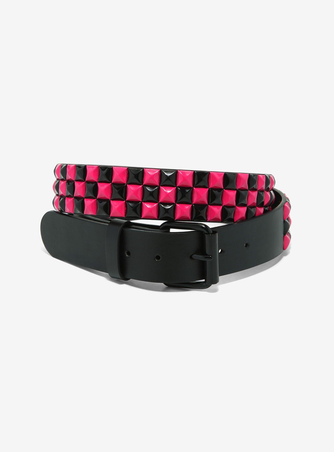 Pink & Black Three Row Pyramid Stud Belt | Hot Topic
