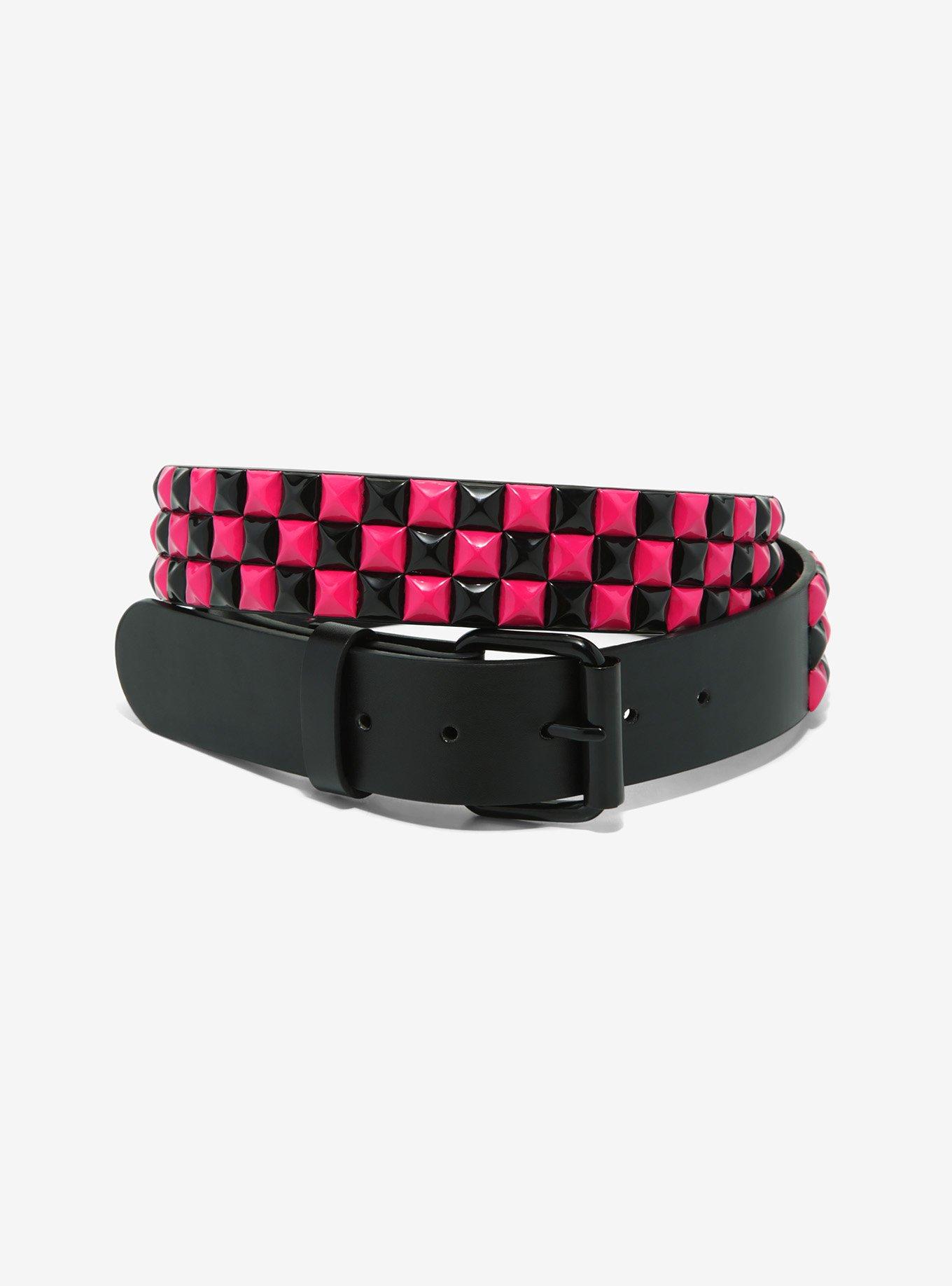 Black & Red Three Row Pyramid Stud Belt