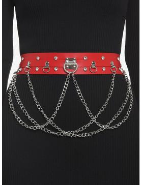 Red Faux Leather Chain Belt, , hi-res