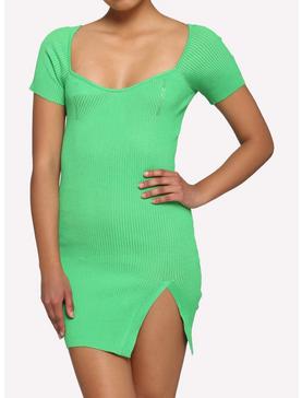 Neon Green Ribbed Mini Sweater Dress, , hi-res