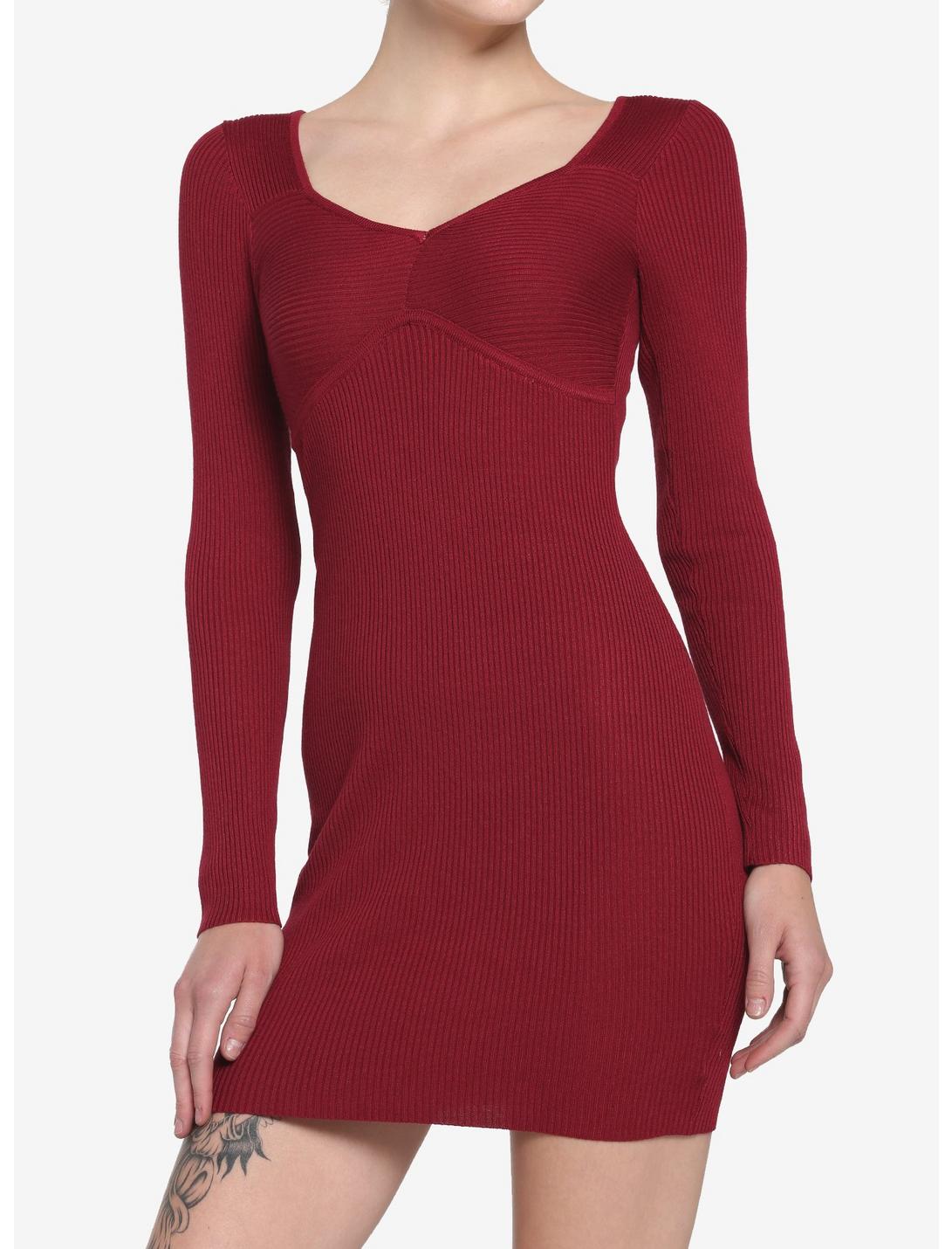 Red Ribbed Long-Sleeve Dress, RED, hi-res
