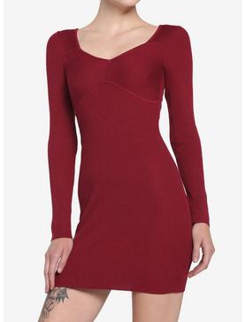 Red Ribbed Long-Sleeve Dress, , hi-res