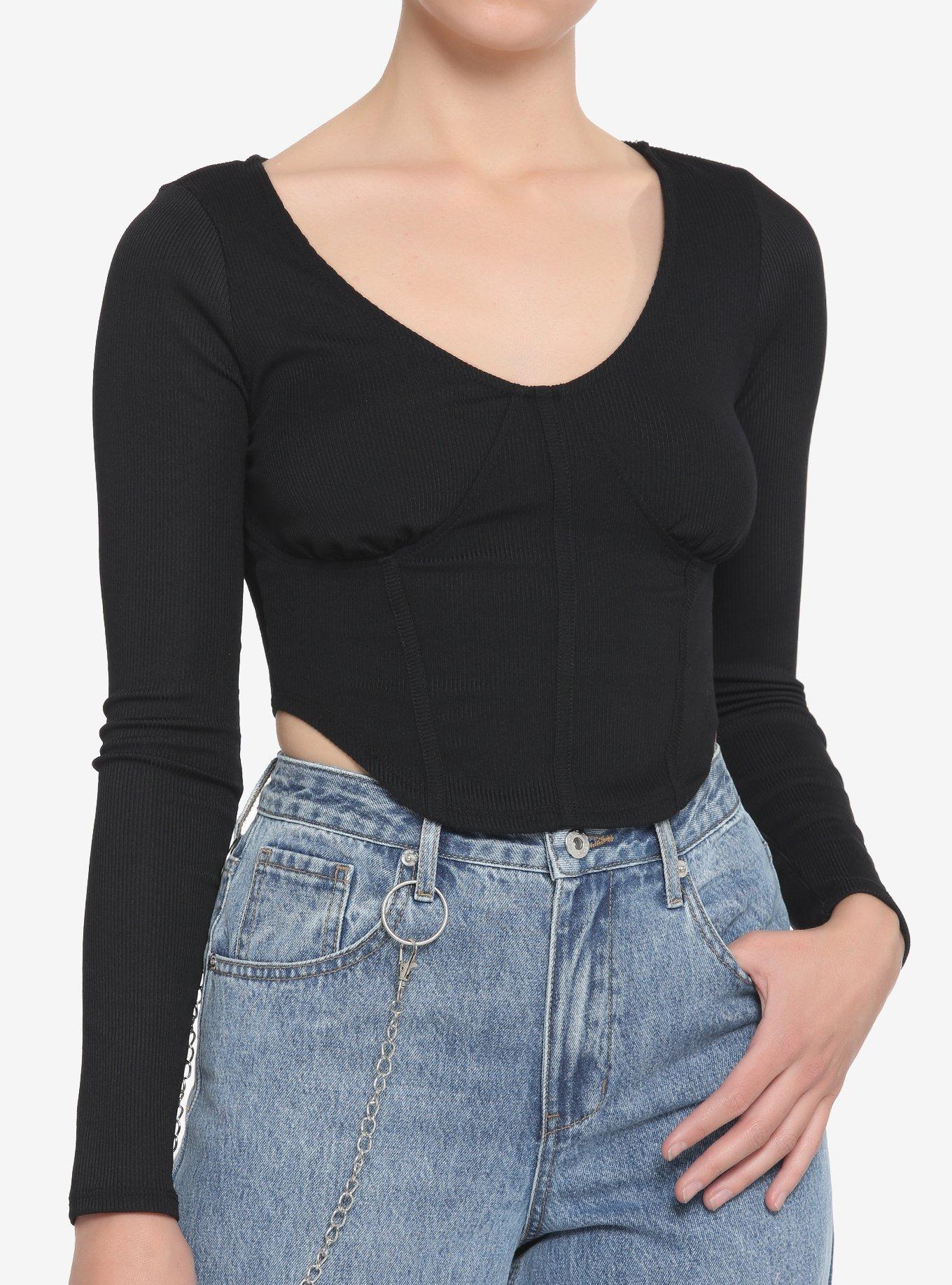 Black Corset Waist Girls Crop Long-Sleeve Top, BLACK, hi-res