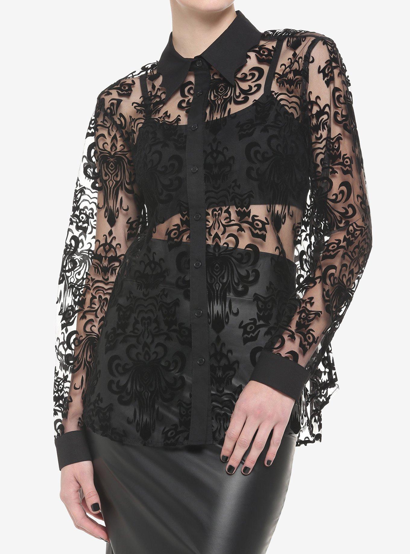 Her Universe Disney The Haunted Mansion Wallpaper Flocked Long-Sleeve Mesh Top, DEEP BLACK, hi-res