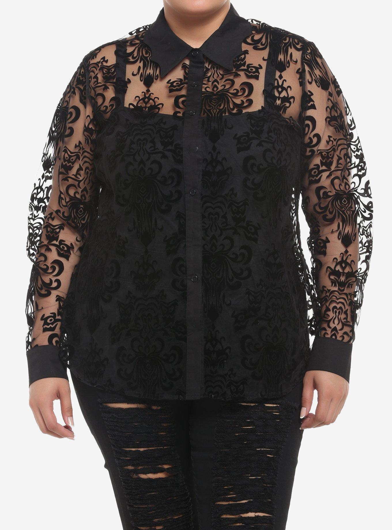 Her Universe Disney The Haunted Mansion Wallpaper Flocked Long-Sleeve Mesh Top Plus Size, DEEP BLACK, hi-res