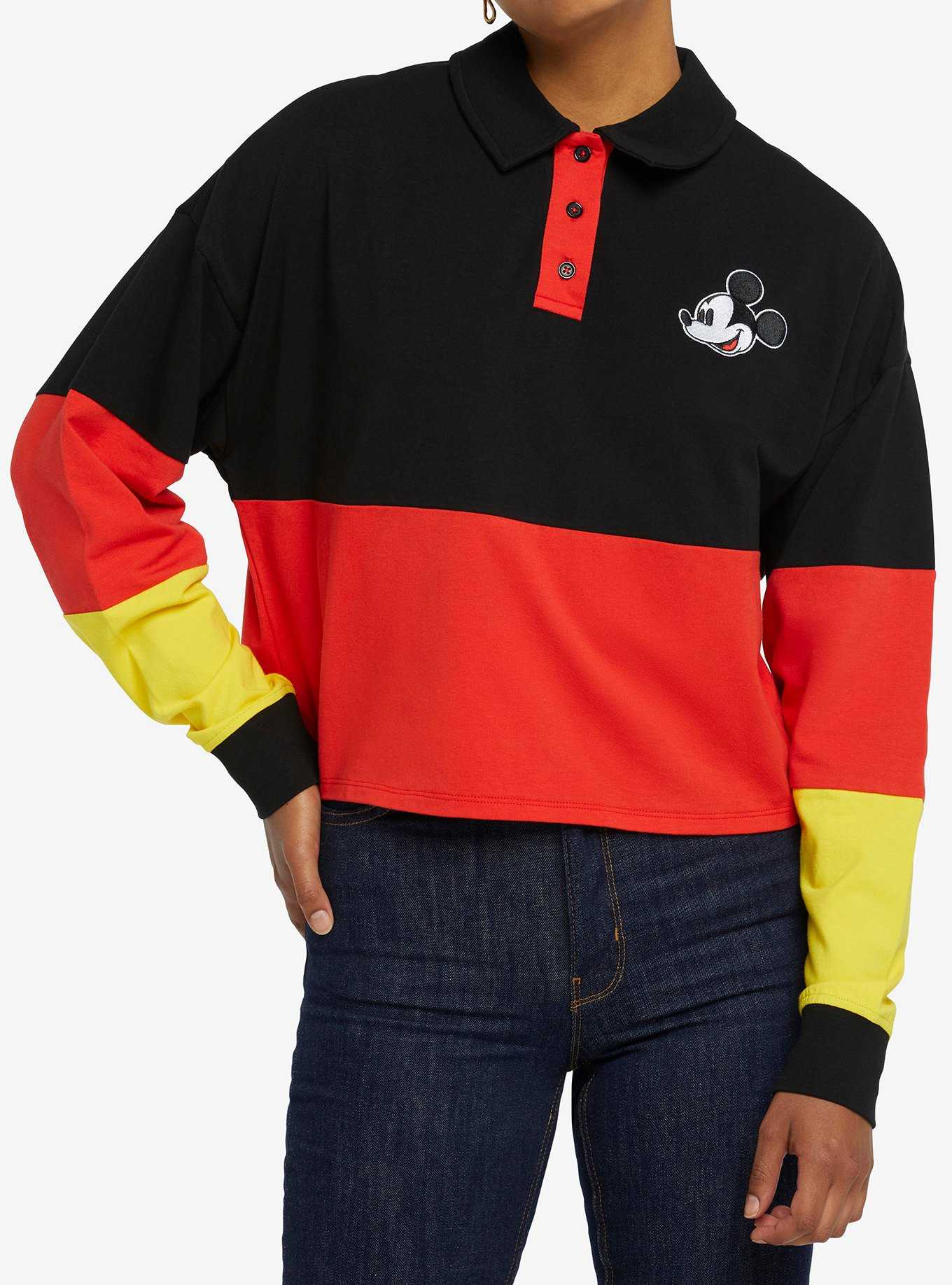 Disney Mickey Mouse Color-Block Crop Long-Sleeve Polo Shirt, , hi-res