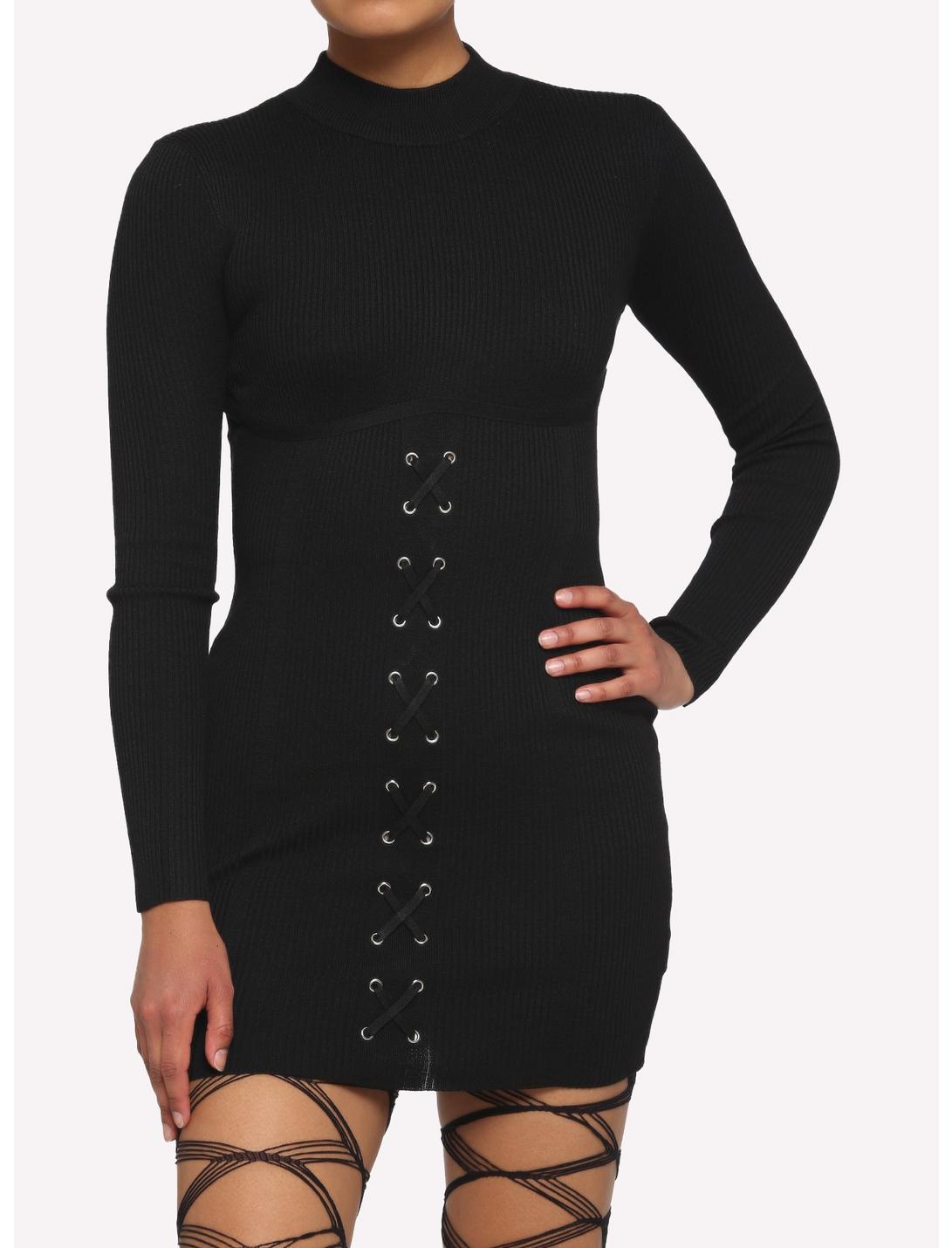 Black Ribbed Lace-Up Mini Dress, BLACK, hi-res