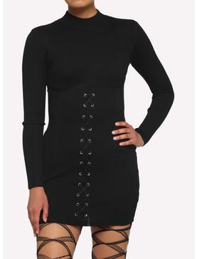 Black Ribbed Lace-Up Mini Dress, , hi-res
