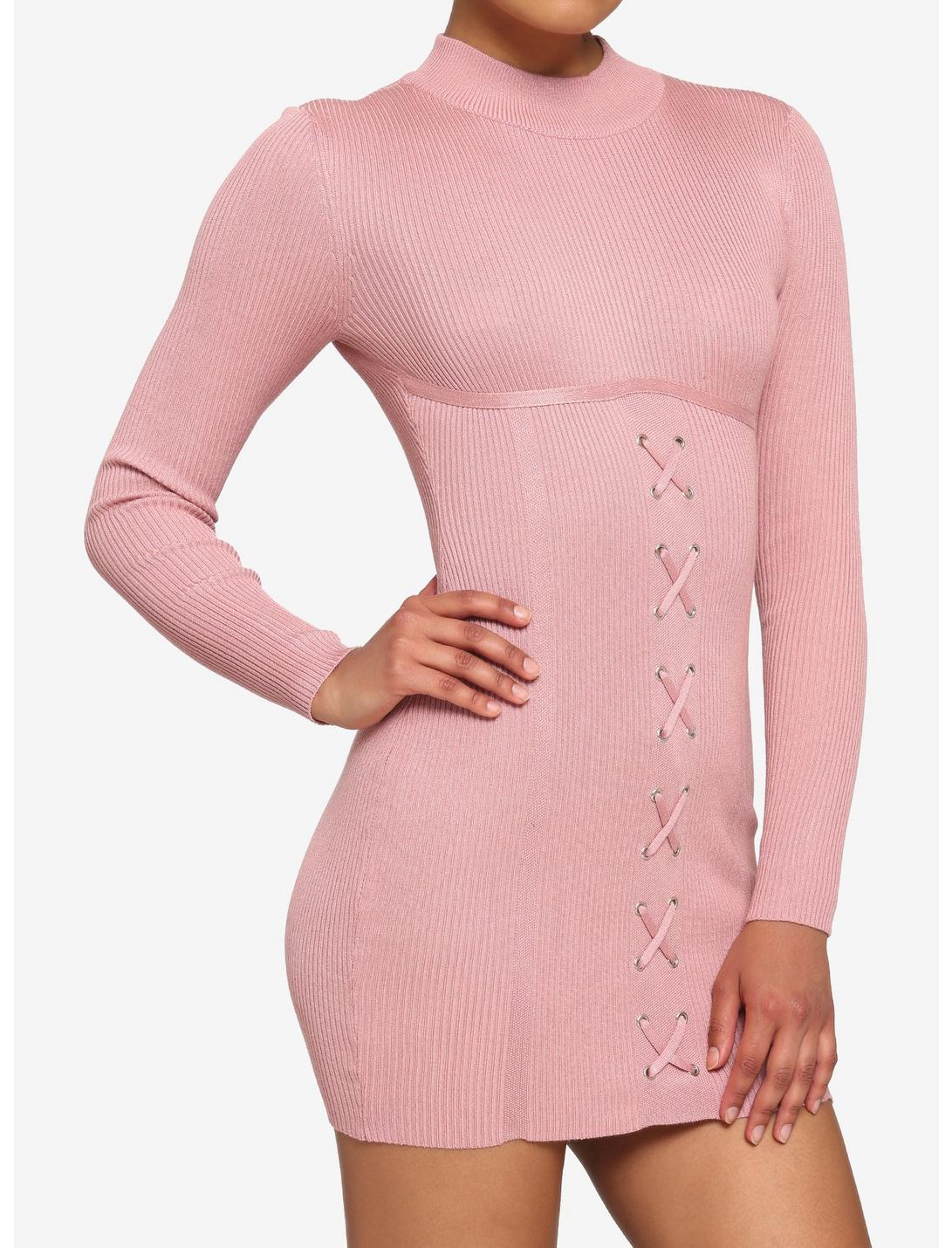 Pink Ribbed Lace-Up Mini Dress, ROSE, hi-res