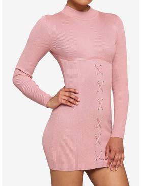 Pink Ribbed Lace-Up Mini Dress, , hi-res