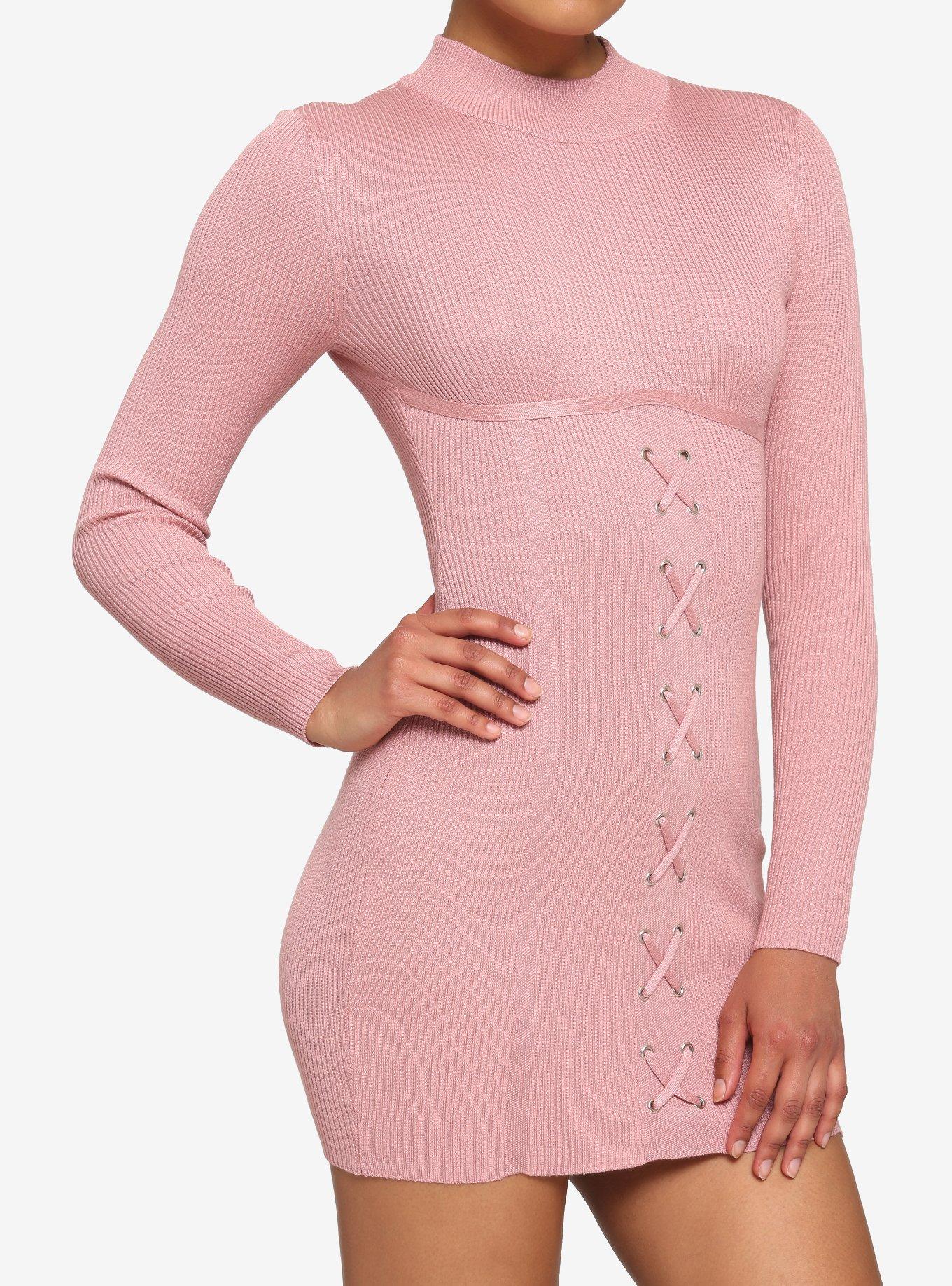 Pink Ribbed Lace-Up Mini Dress, , hi-res