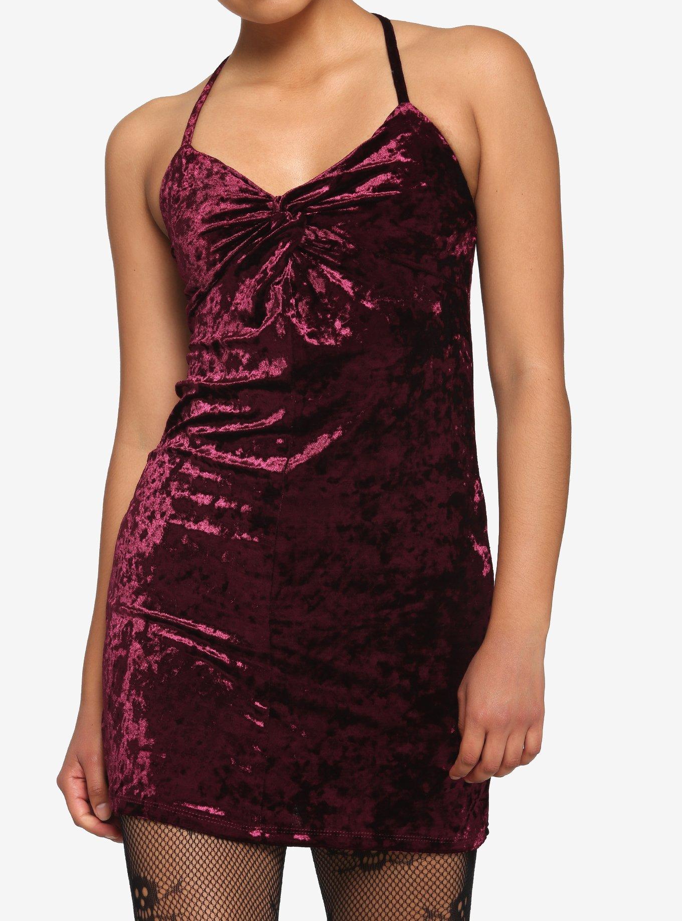 Burgundy Crushed Velvet Halter Dress, PURPLE, hi-res