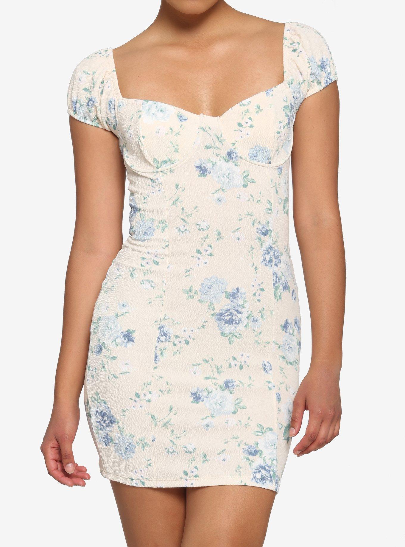 Ivory & Blue Floral Bodycon Dress, FLORAL, hi-res
