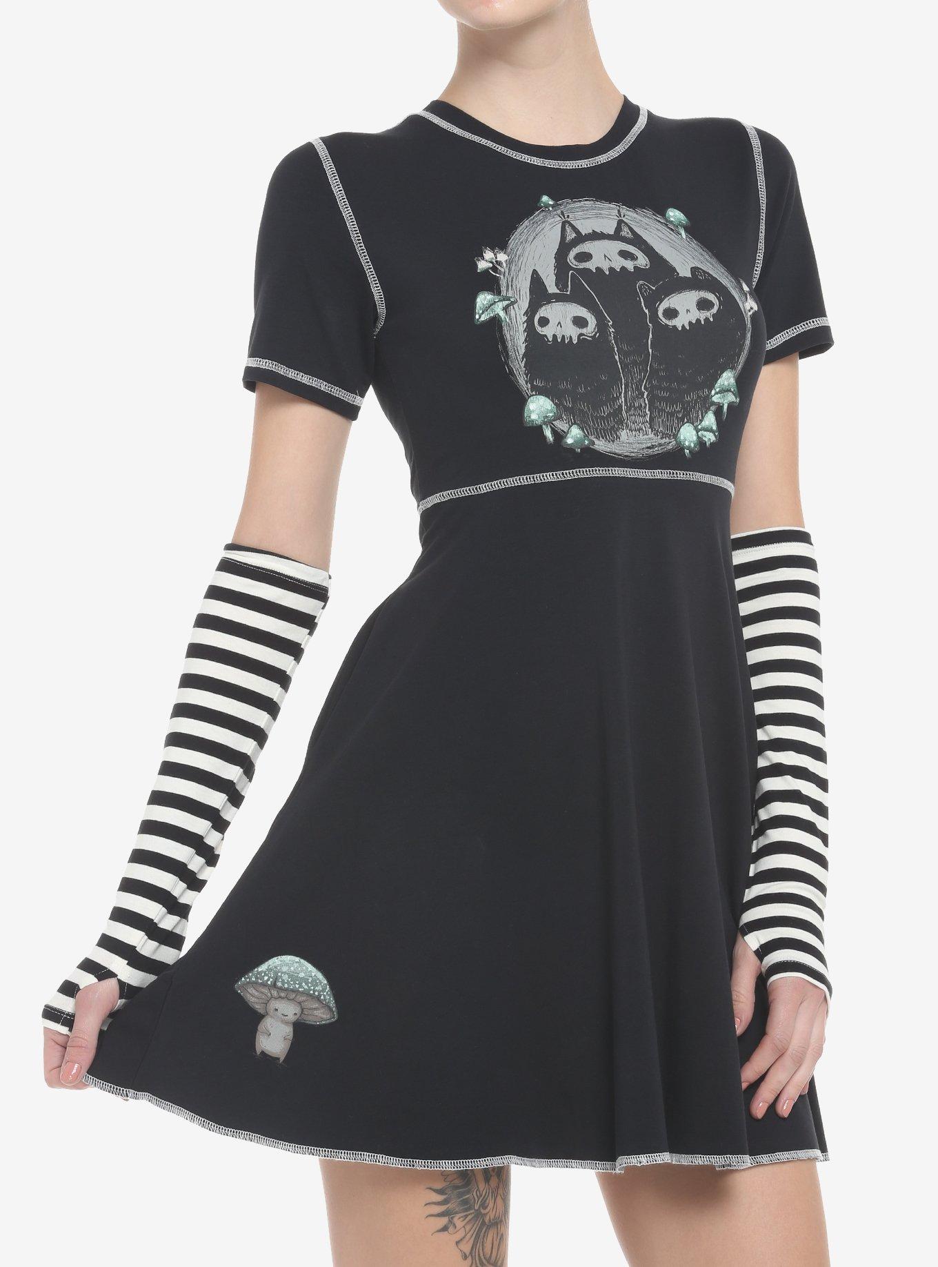 Ghoul Cats Mini Dress With Arm Warmers By Guild Of Calamity, BLACK, hi-res