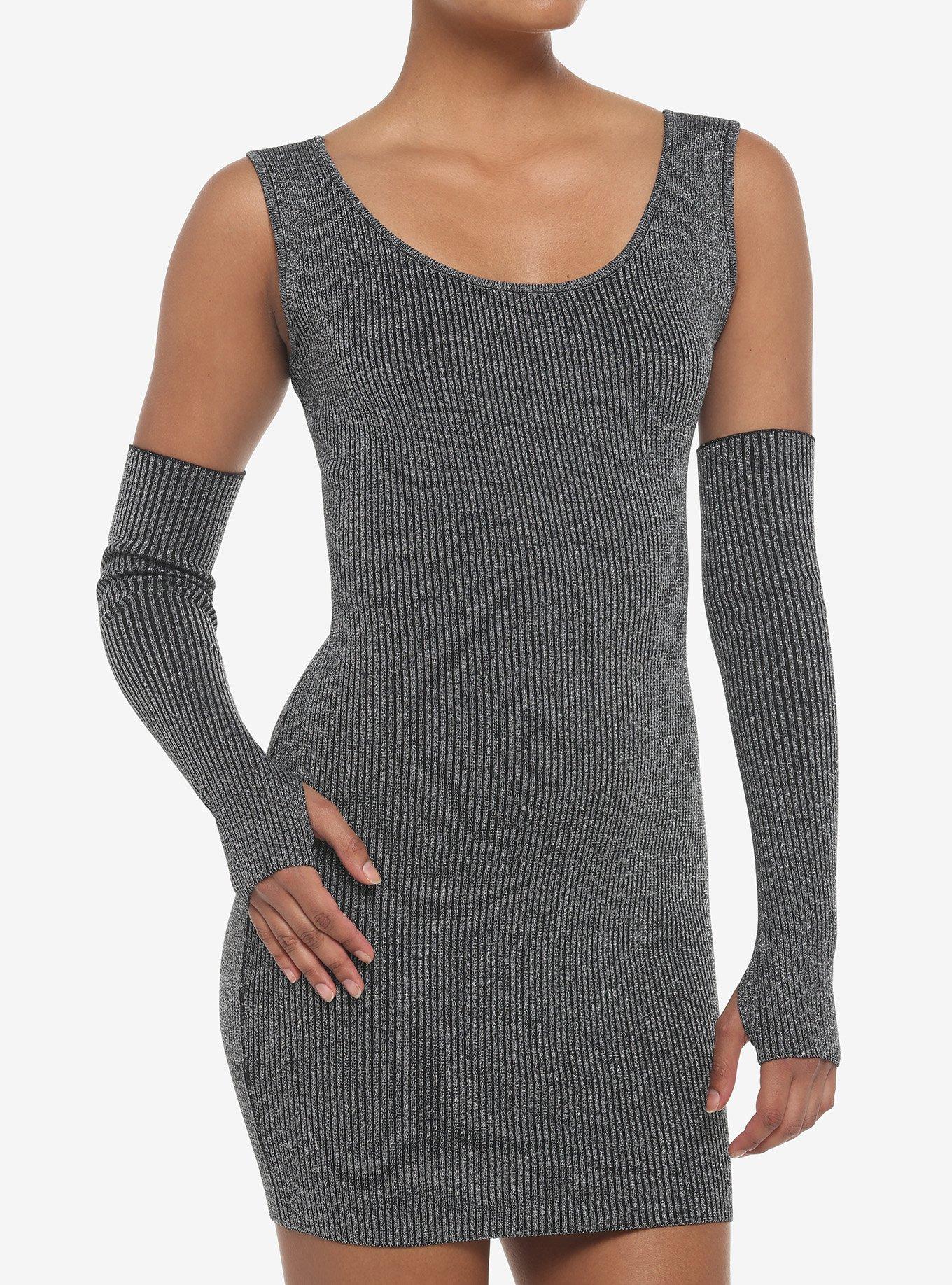 Metallic Silver Bodycon Dress With Arm Warmers, BLACK, hi-res