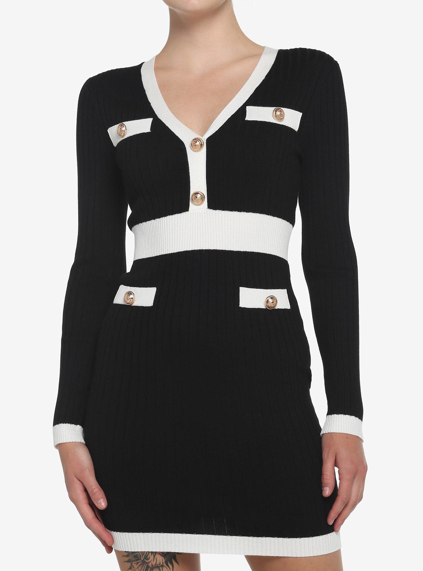 Black & White Rib Knit Suit Dress, BLACK, hi-res