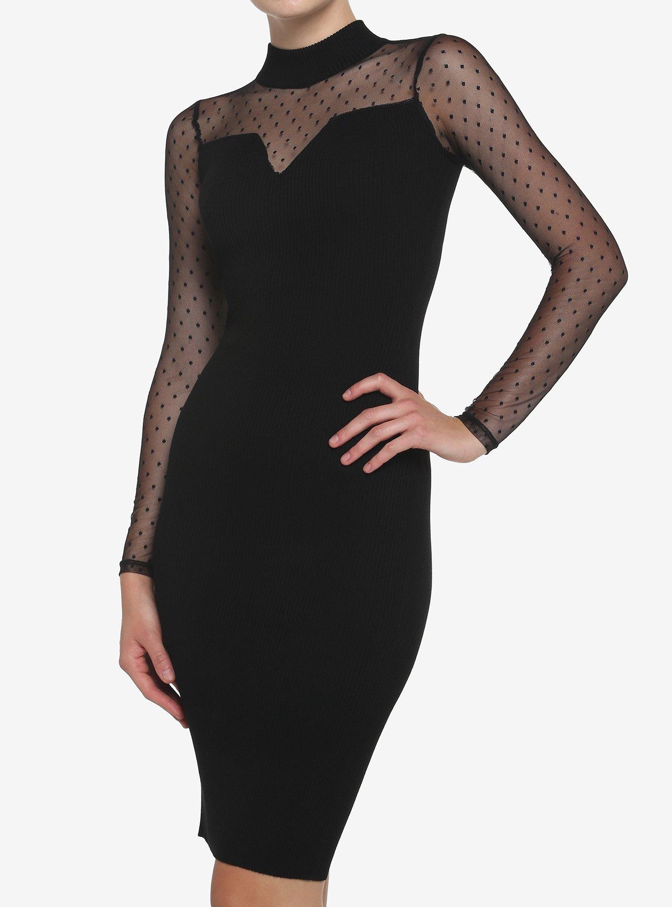 Black Polka Dot Mesh Long-Sleeve Midi Dress, BLACK, hi-res