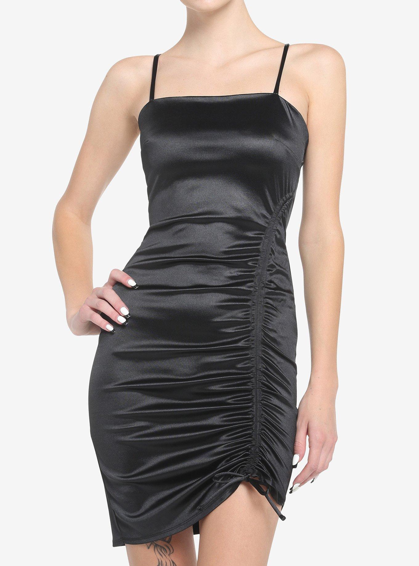 Black Asymmetrical Ruched Dress, BLACK, hi-res