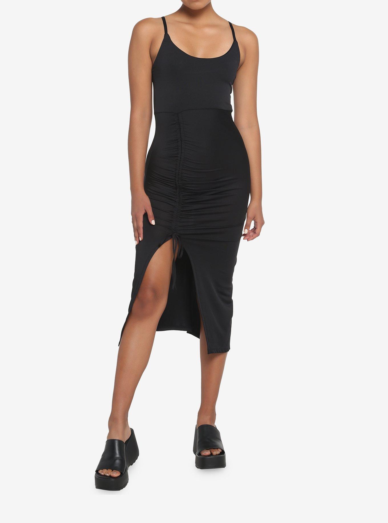 Black Ruched Slit Midi Dress, BLACK, hi-res