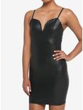 Black Faux Leather V-Neck Mini Dress, BLACK, hi-res