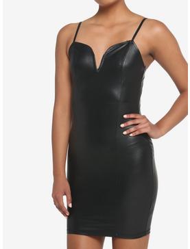 Black Faux Leather V-Neck Mini Dress, , hi-res