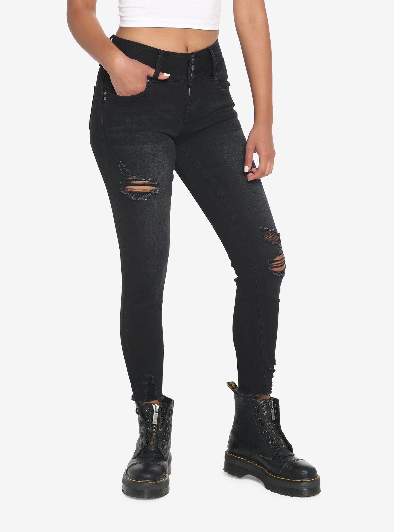 Black Destructed Super Skinny Jeans, , hi-res