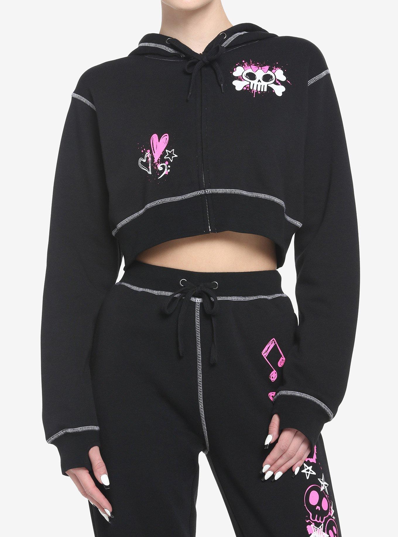 Black & Pink Emo Icons Girls Crop Hoodie, BLACK, hi-res