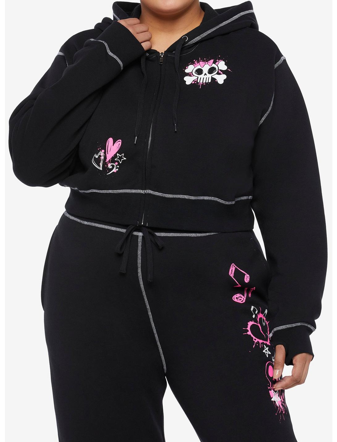 Black & Pink Emo Icons Girls Crop Hoodie Plus Size, BLACK, hi-res