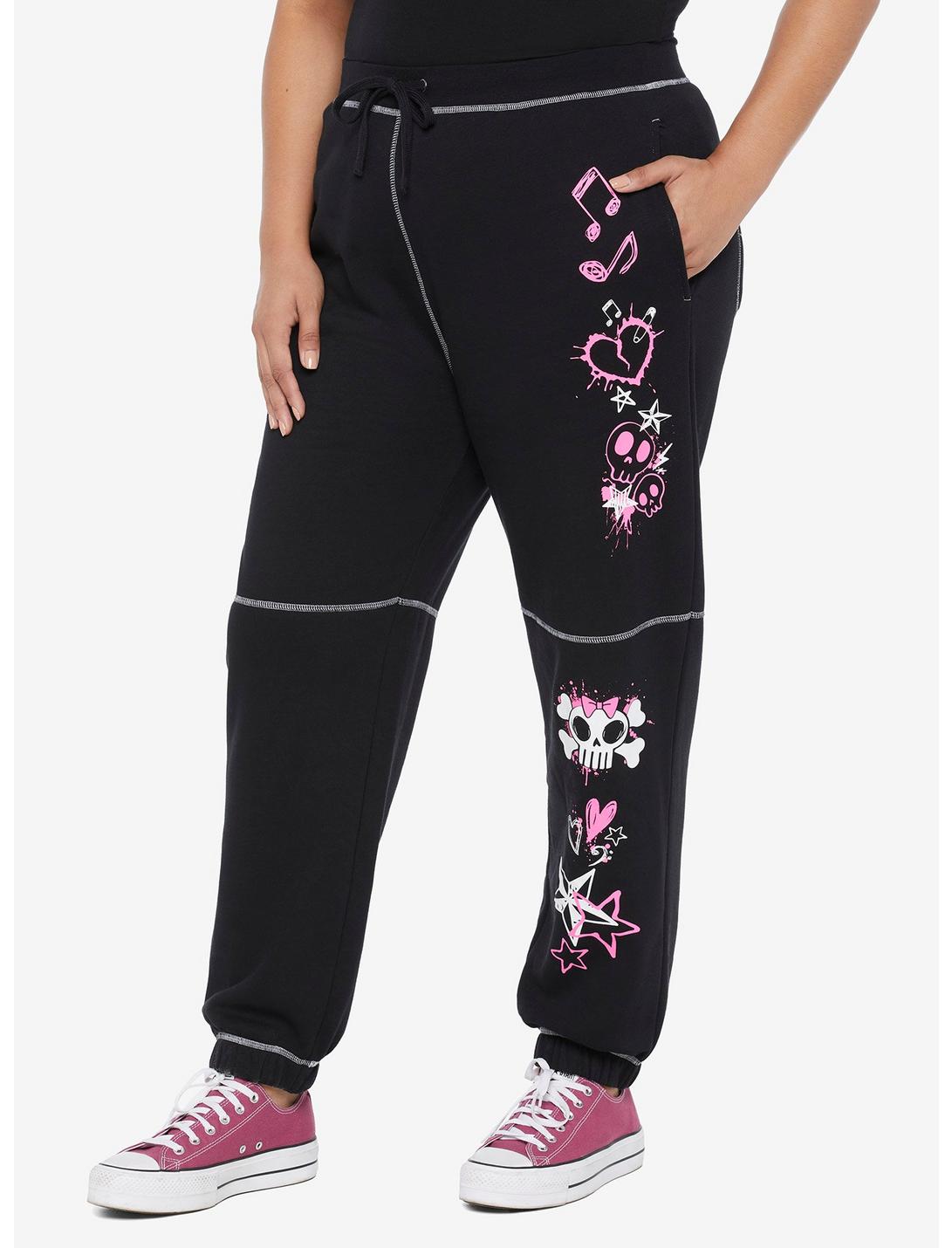 Black & Pink Emo Icons Girls Jogger Pants Plus Size, BLACK, hi-res