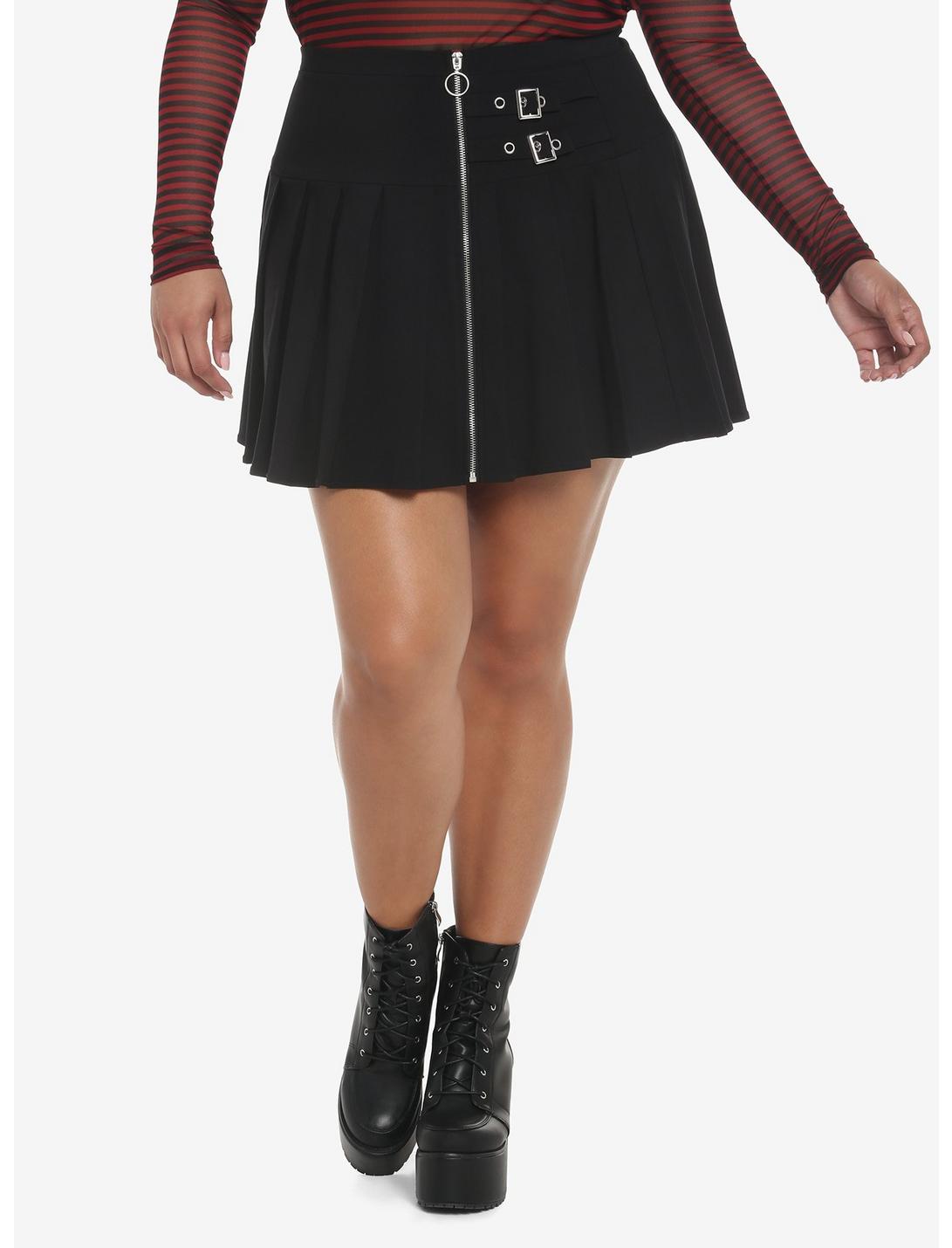 Black Zipper & Buckles Pleated Skirt Plus Size, BLACK, hi-res