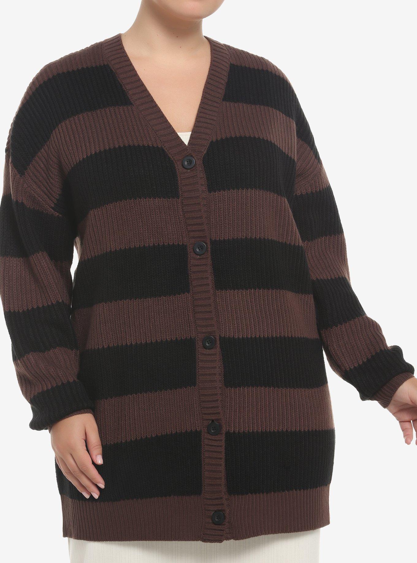 Black & Brown Stripe Oversize Cardigan Plus Size, BLACK GREY STRIPE, hi-res