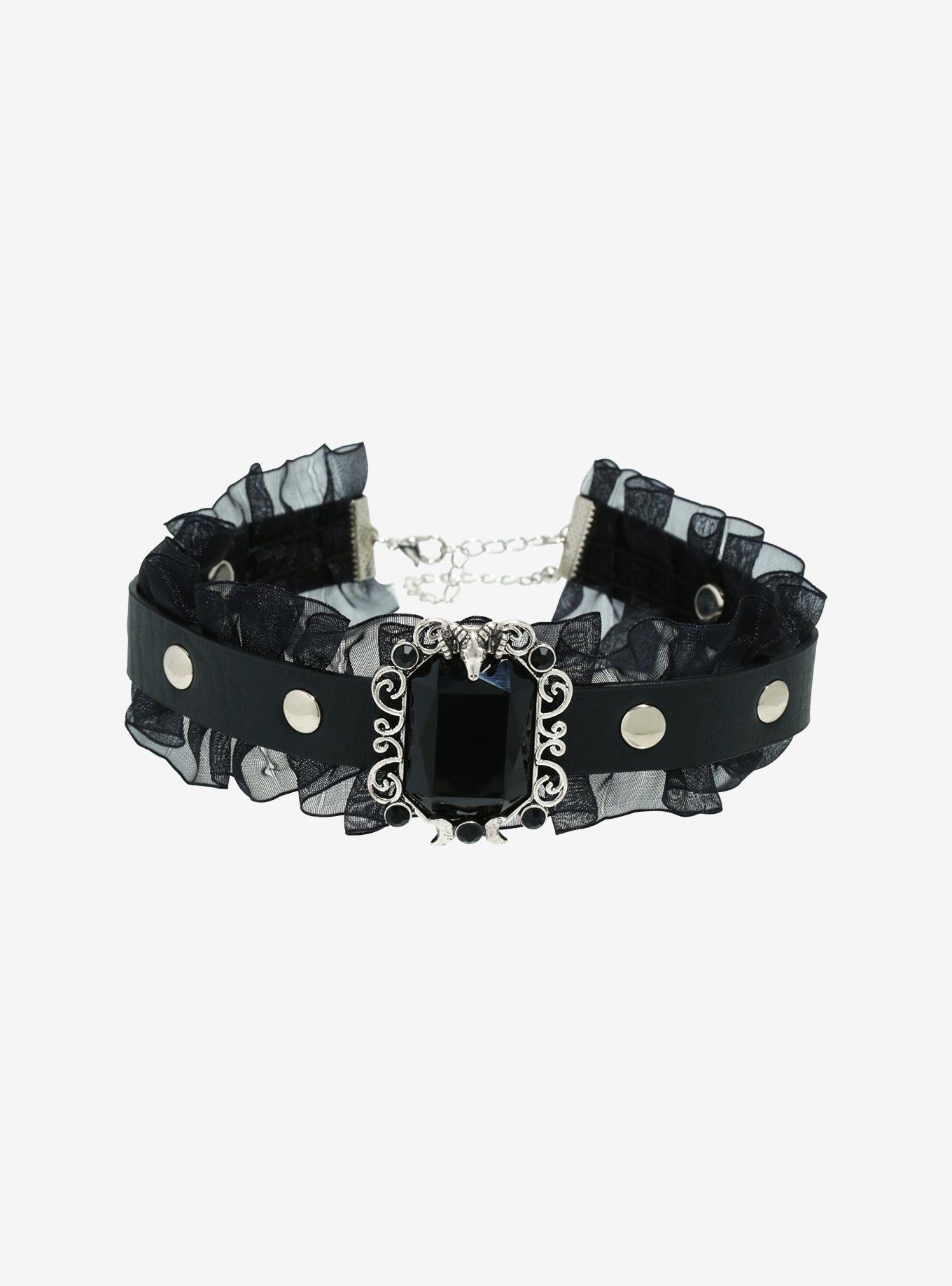 Black Ruffle Stone Choker, , hi-res