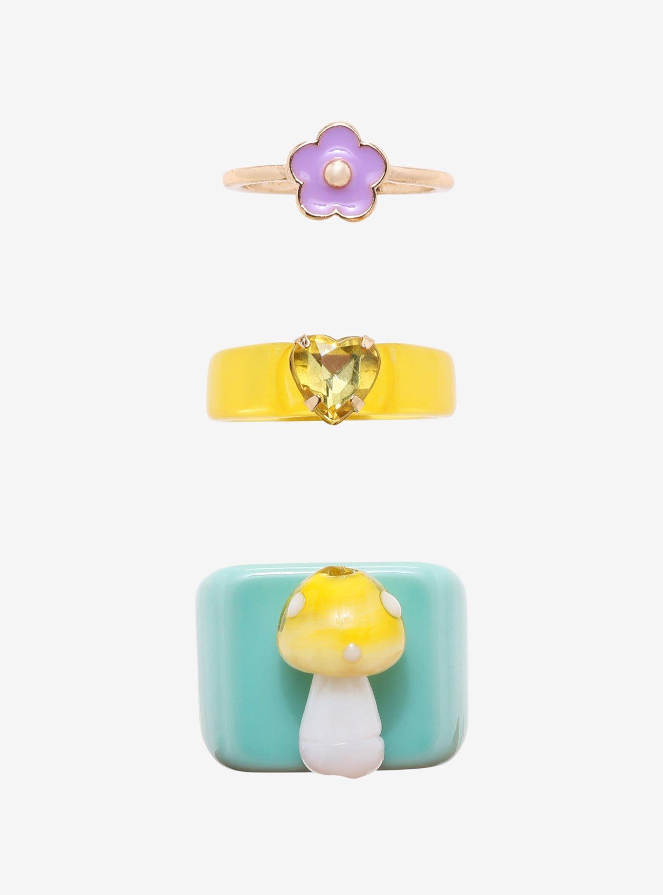 Mushroom Flower Heart Chunky Acrylic Ring Set, , hi-res