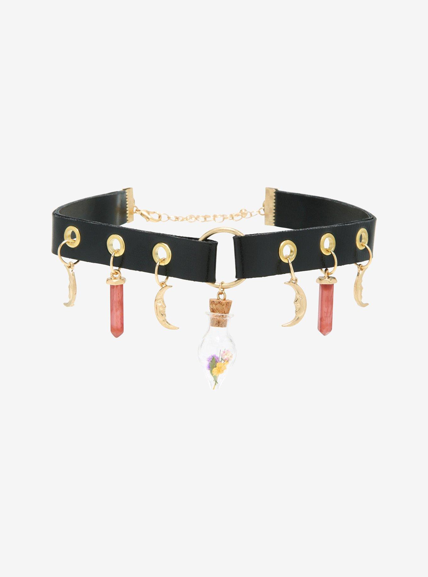 Dried Floral Capsule Crescent Moon Crystal Choker, , hi-res