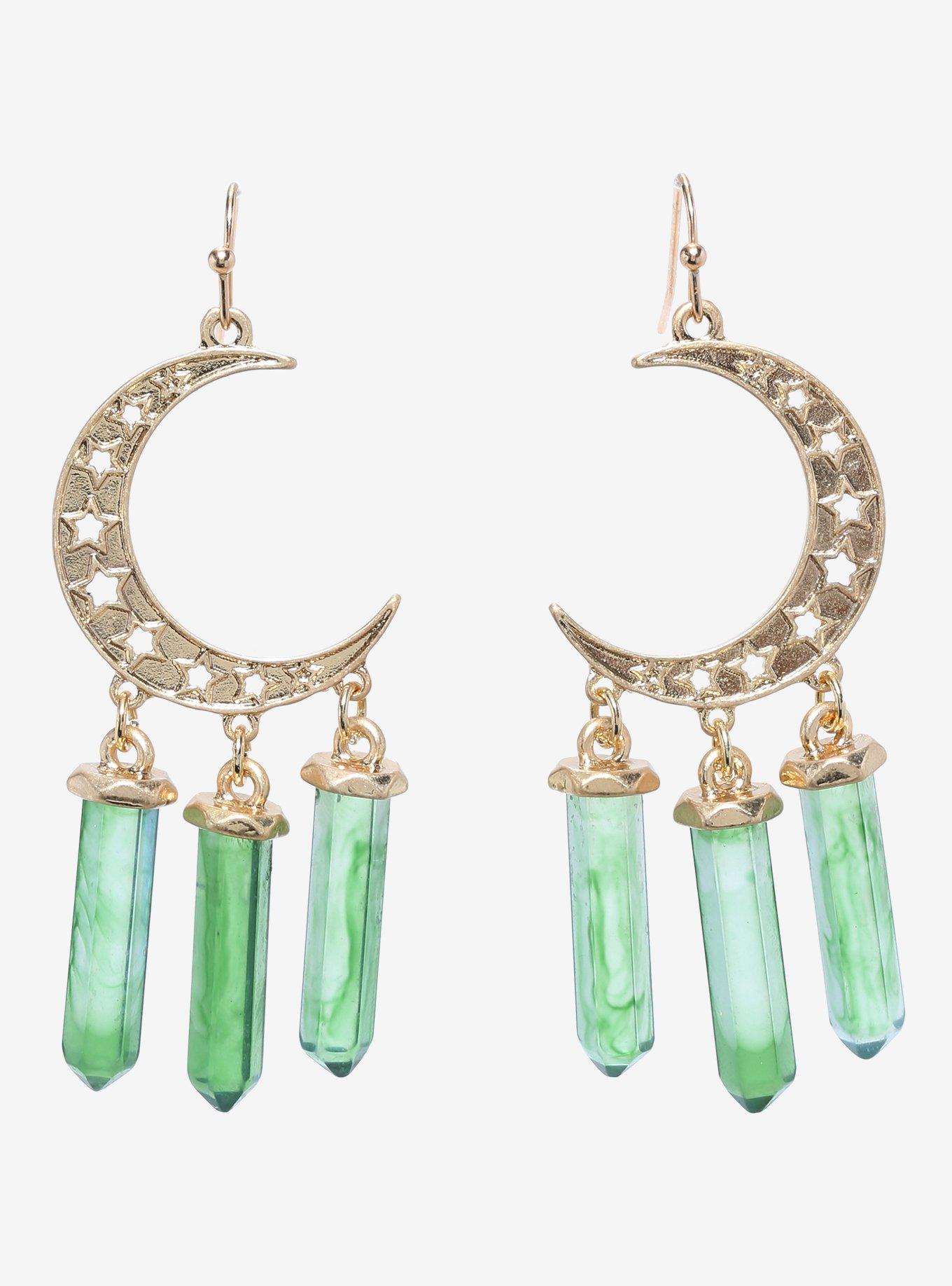 Crescent Moon Green Gem Drop Earrings, , hi-res