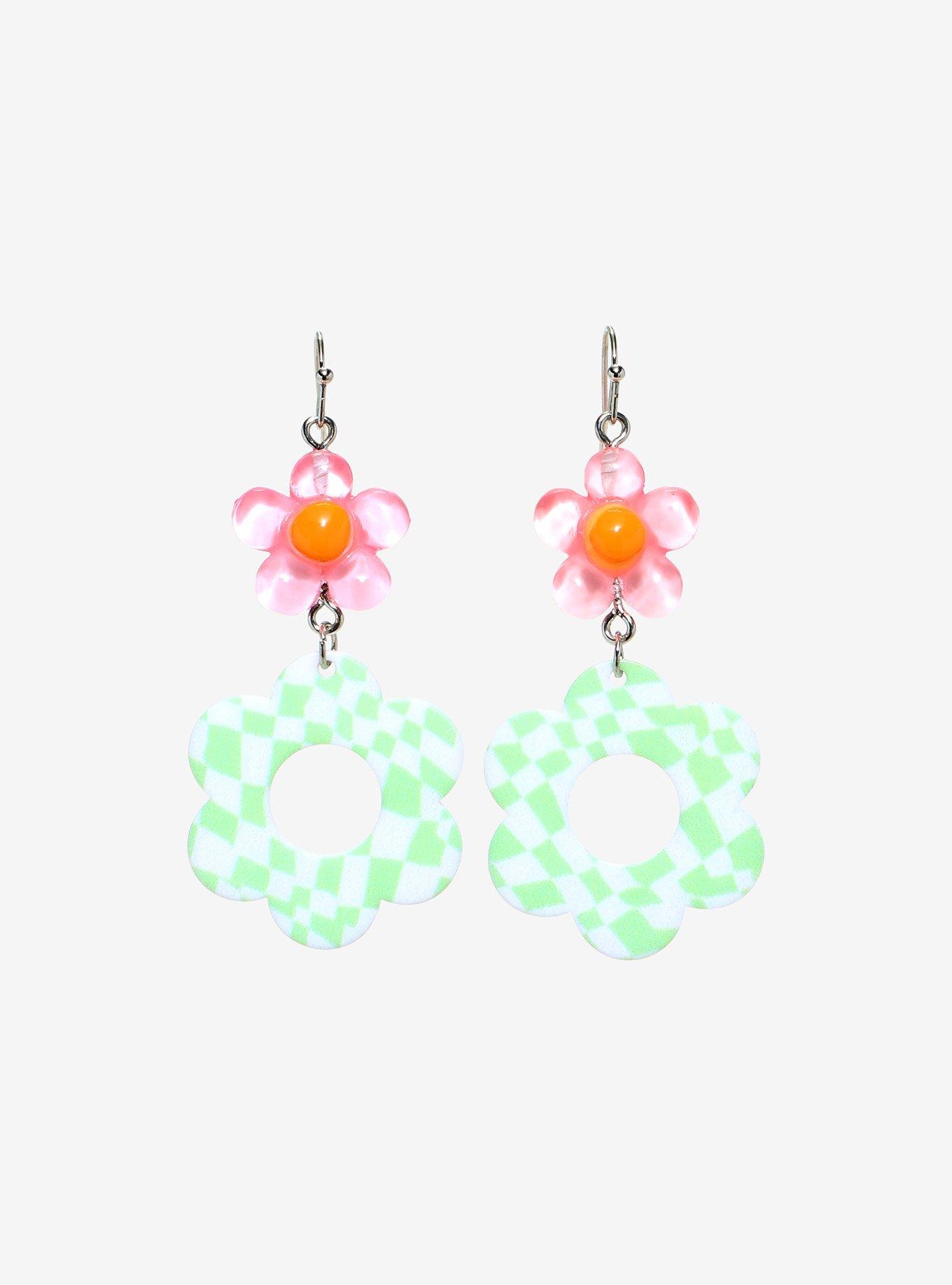 Wavy Checker Floral Drop Earrings, , hi-res