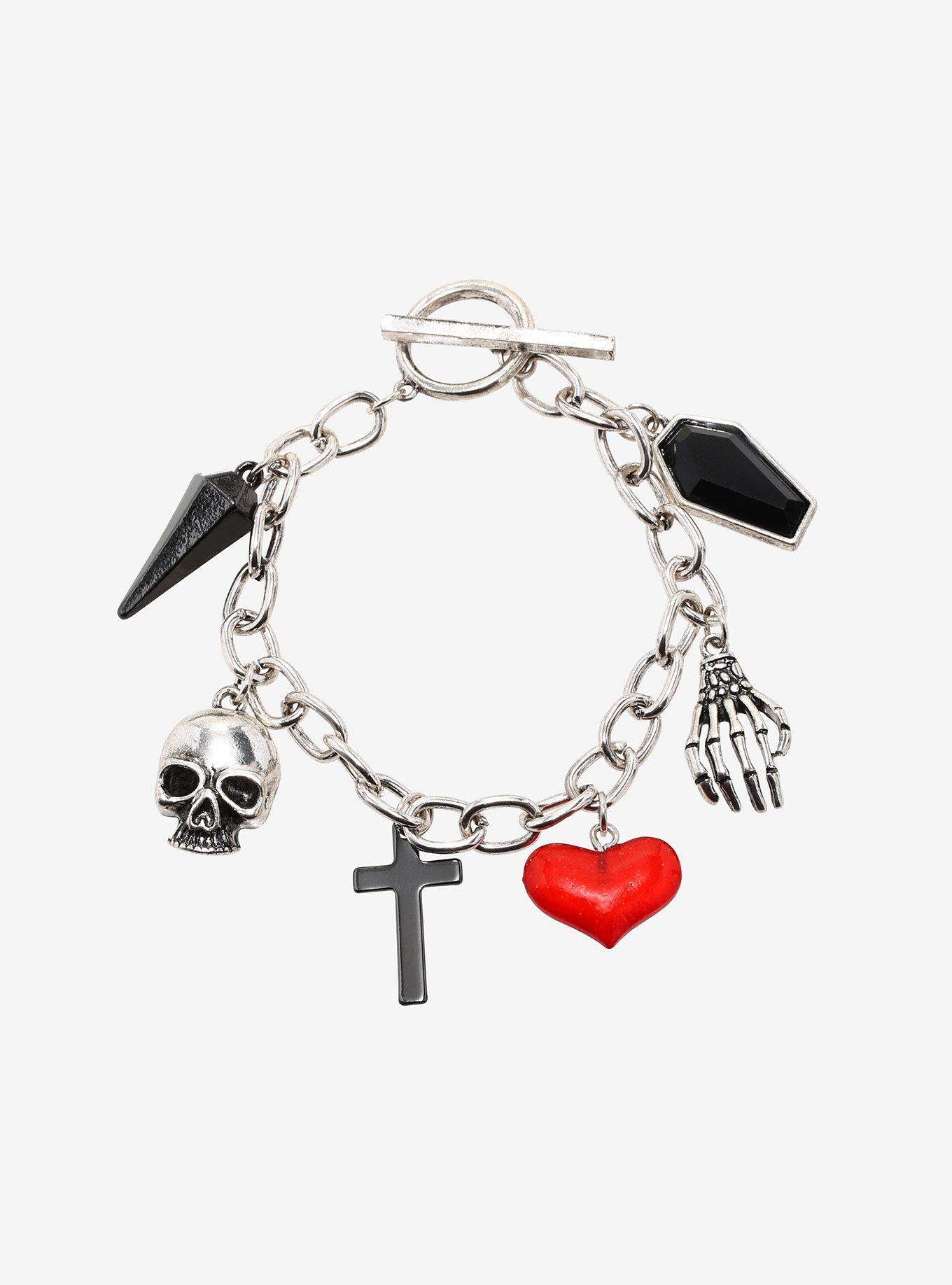 Emo Skull Heart Charm Bracelet, , hi-res