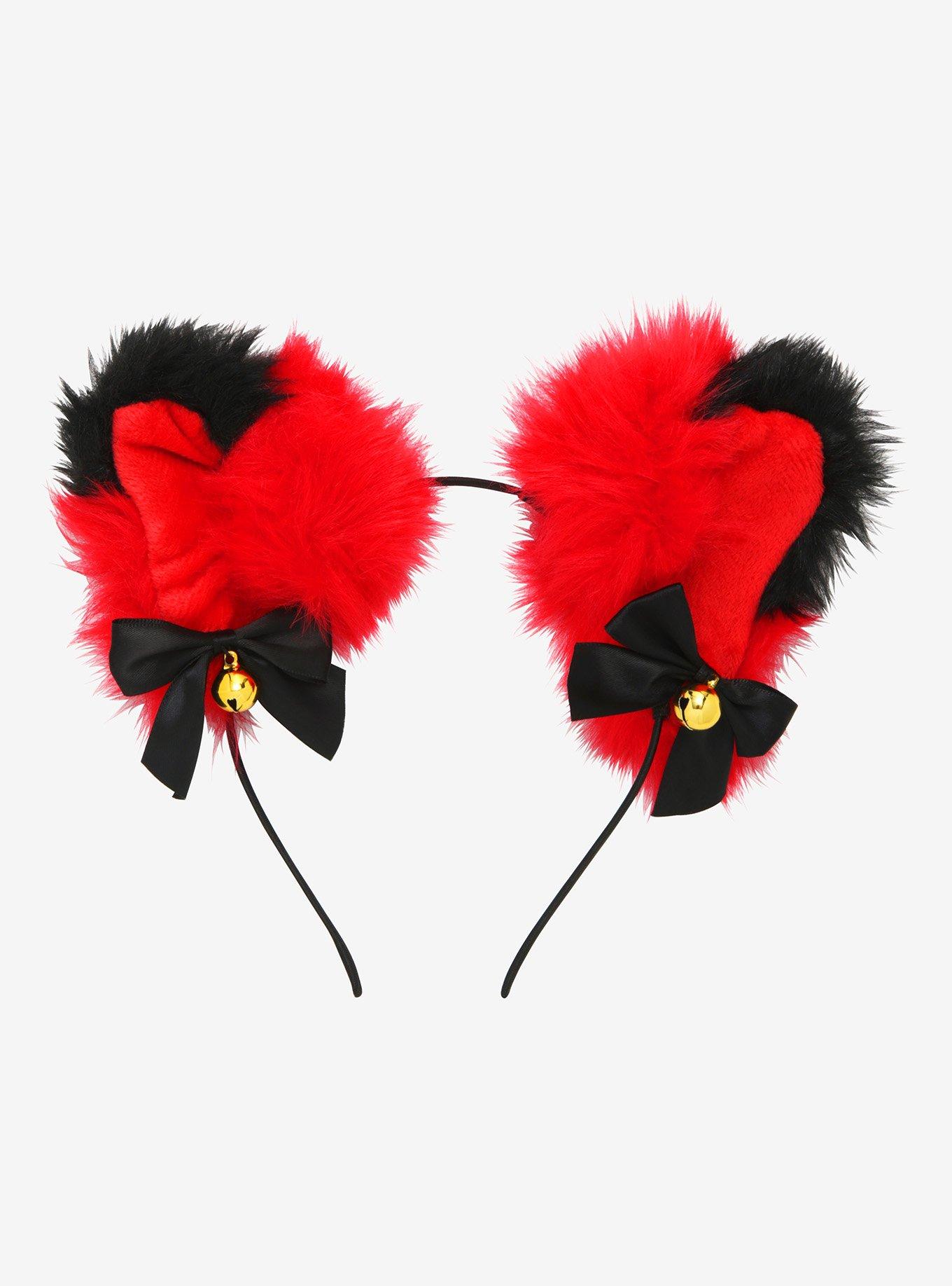 Black & Red Fuzzy Cat Ear Headband, , hi-res