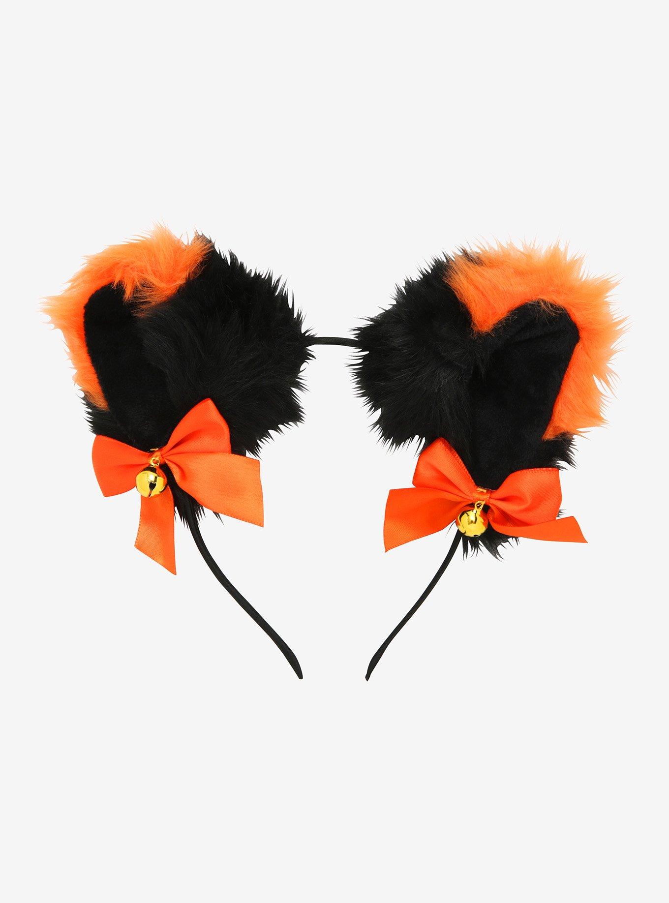 Black & Orange Fuzzy Cat Ear Headband, , hi-res